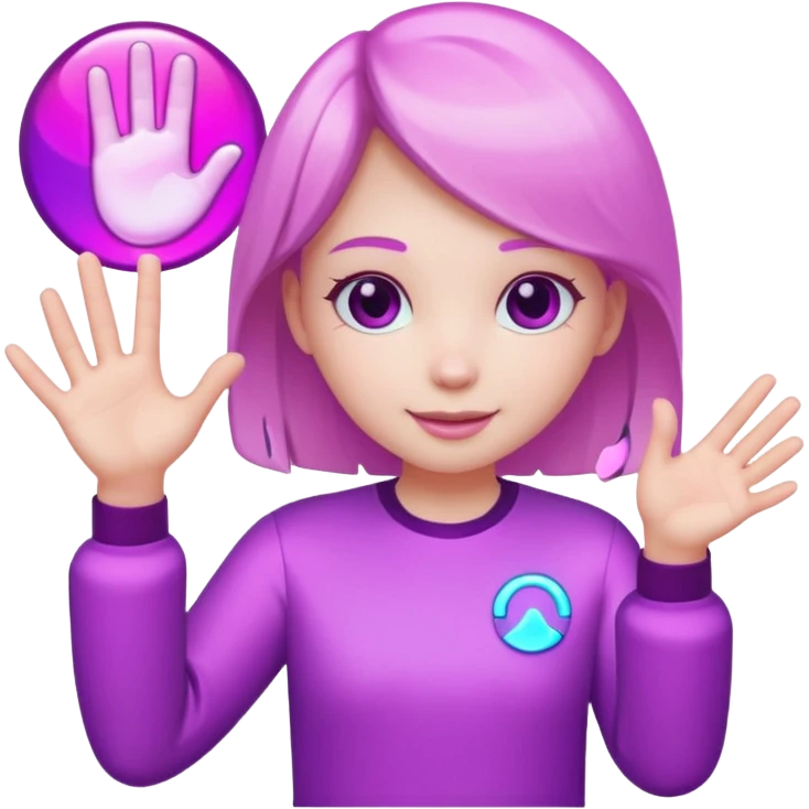 Friendly round AI mascot with a neon C badge, floating hologram in hands, purple-magenta glow. emoji