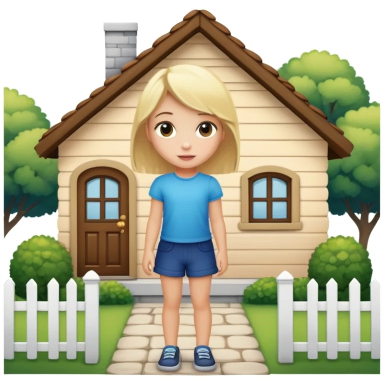 a blonde girl standing outside a small cute home emoji