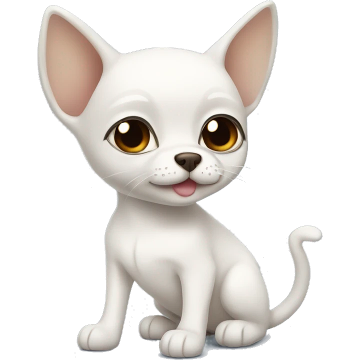 white cat blue eyes standing next to tan chihuahua with dark eyes  emoji