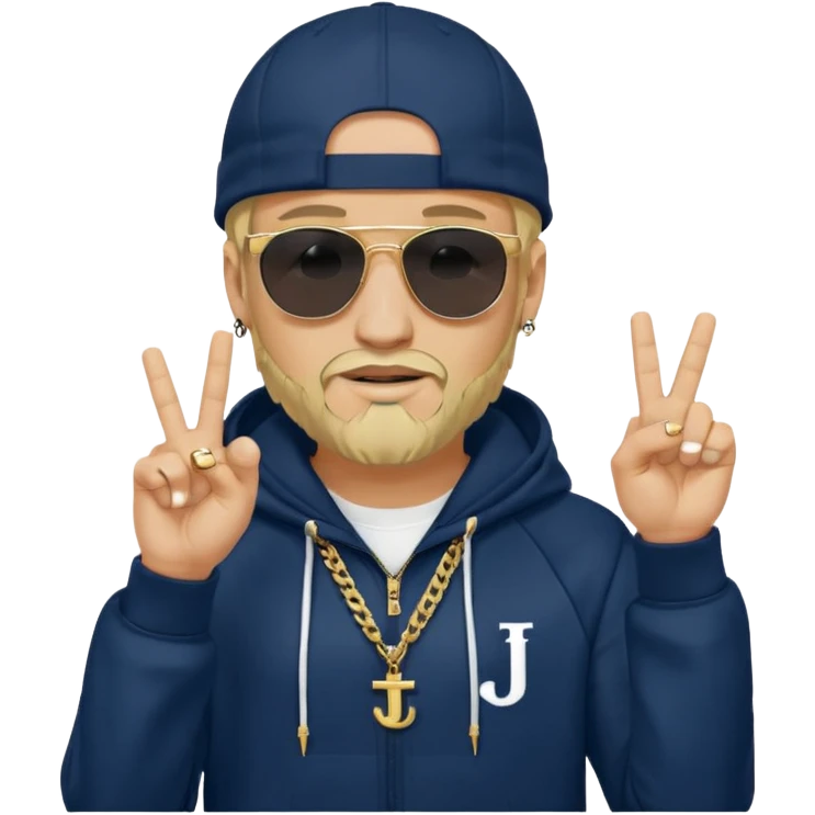 The French rapper Jul. Light skin, trimmed beard, dark navy tracksuit with hood, backwards cap, black sunglasses. Blond hair. both index and middle fingers pointing downward, forming a "J and L" shape. Gold chain and a smirk. Look evoke a Marseille urban vibe. emoji