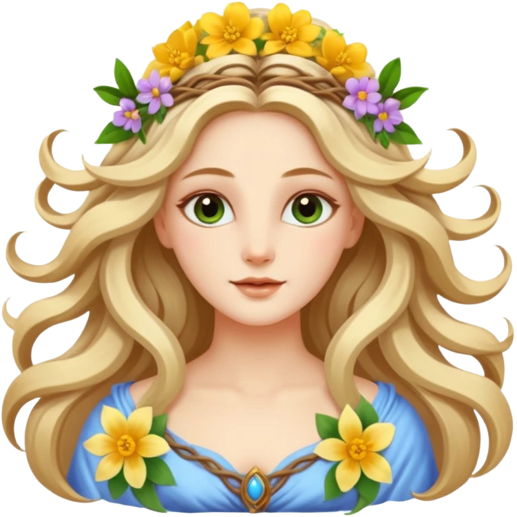 A beautiful goddess Eostre with flowing hair and spring flowers emoji