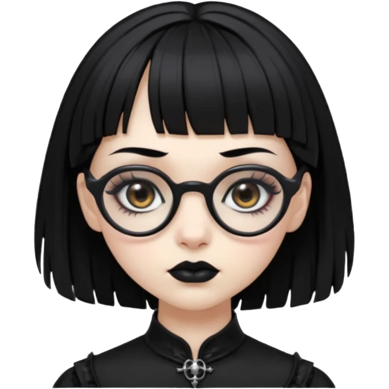 Faça uma moça de cabelo preto micro franja e penteado gótico pálida e com maquiagem gótica pesada olhos castanhos escuro e óculos  emoji