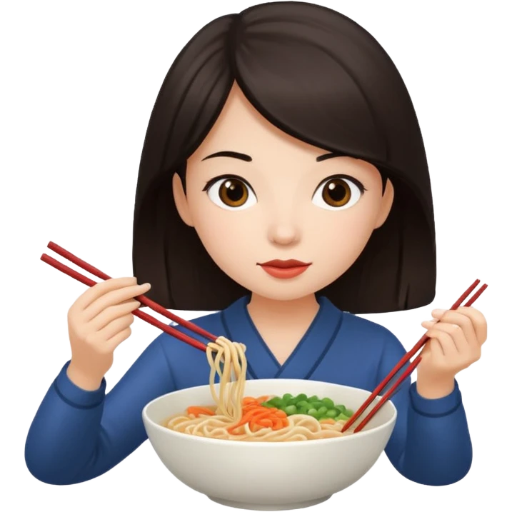 chica joven con piel clara y pelo oscuro comiendo un bowl de comida emoji