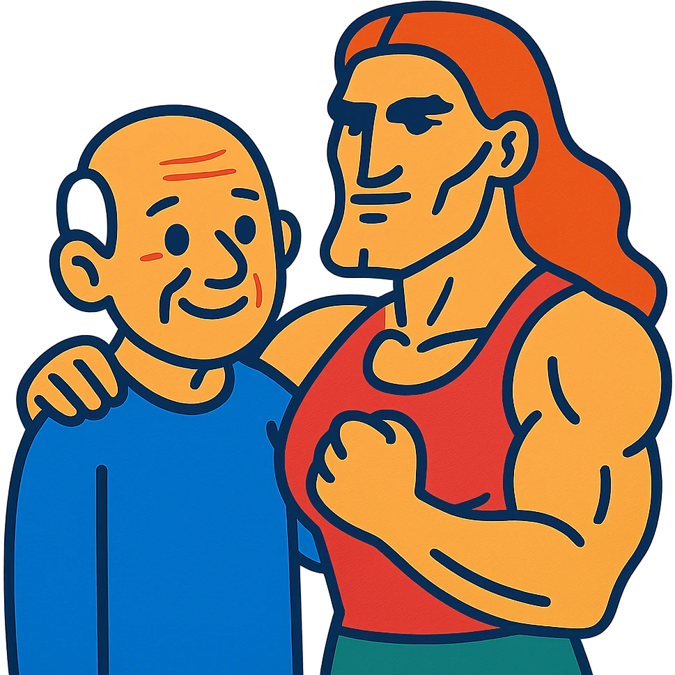 vieux chauve avec une femme musclée au menton gigachad emoji