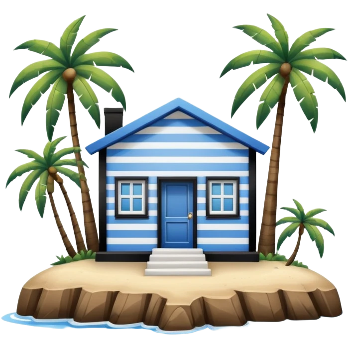 A square white and blue stripe house horizontally with wooden door on a island with palm trees emoji
