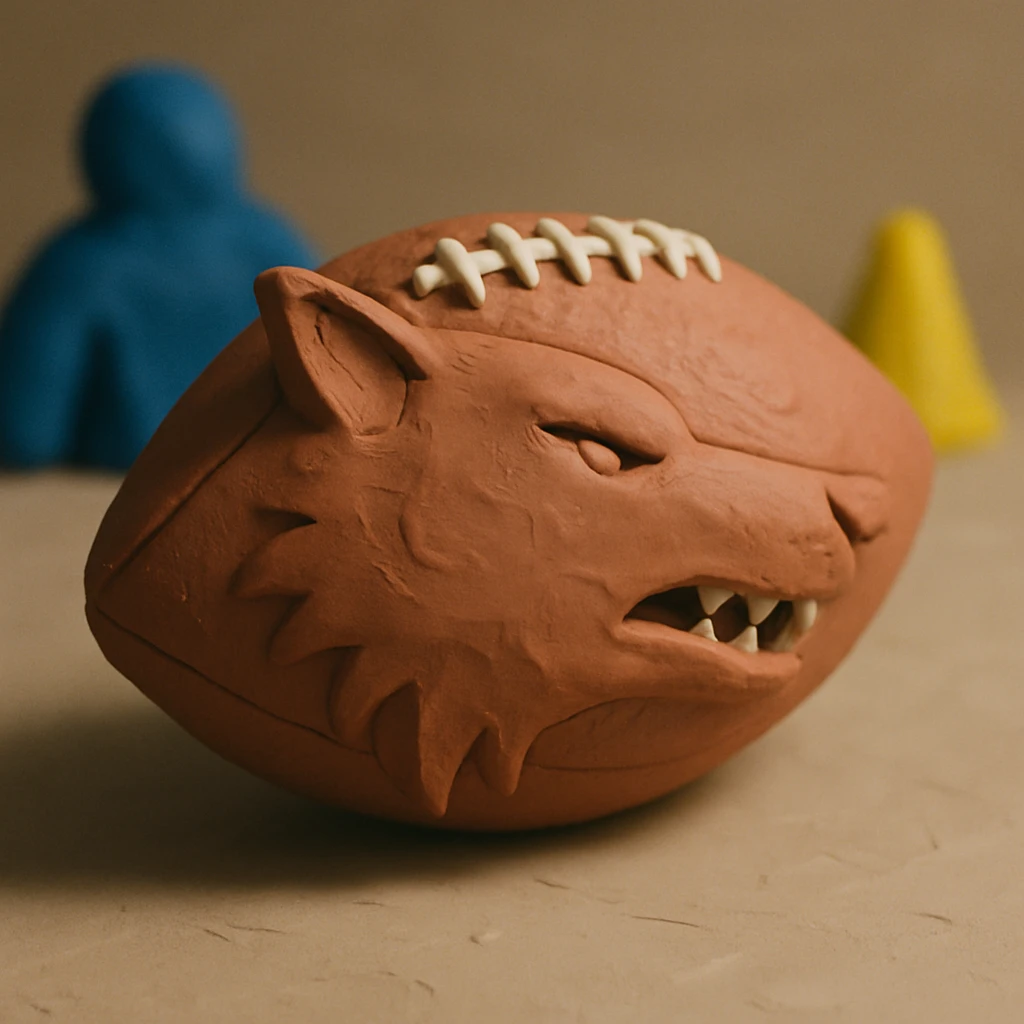 claymation style NFL football shaped like a wolf head emoji