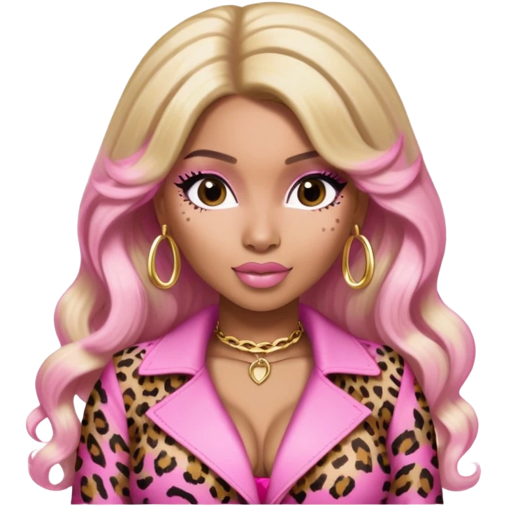Nicki Minaj wearing a pink leopard print outfit with hair that is half blonde and half pink emoji