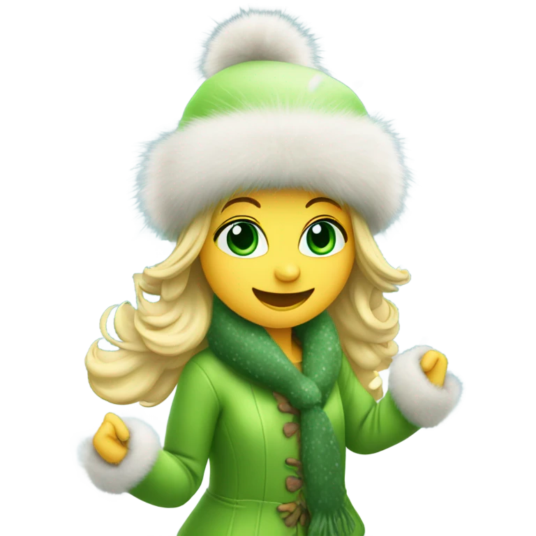 blonde girl with green eyes in a fur hat dancing in the snow full body emoji
