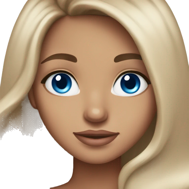 Beautiful tanned girl, long hair, brunette, Brown hair blue eyes, light pink lip color emoji