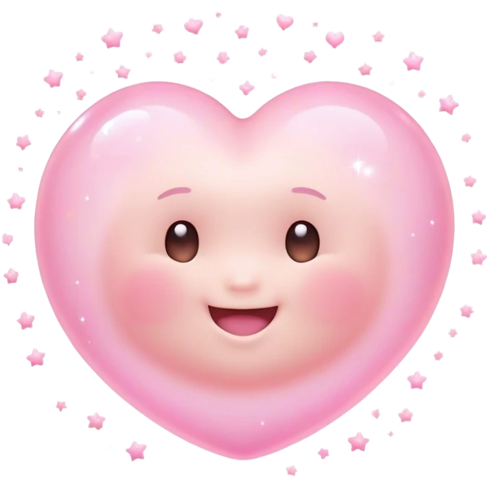 Cinematic floating soft heart, chubby round edges, pastel pink glow, tiny smiling face, surrounded by dreamy sparkles, gentle and loving. emoji