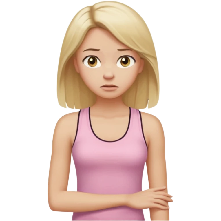 Create a young woman with long blonde hair, golden eyes, and medium-light skin tone, wearing a light pink tank top and leggings. She should be in portrait mode, but with a subtle doubting facial expression—slightly raised eyebrow, small frown, .  and her hand next to her chin like a thinker emoji