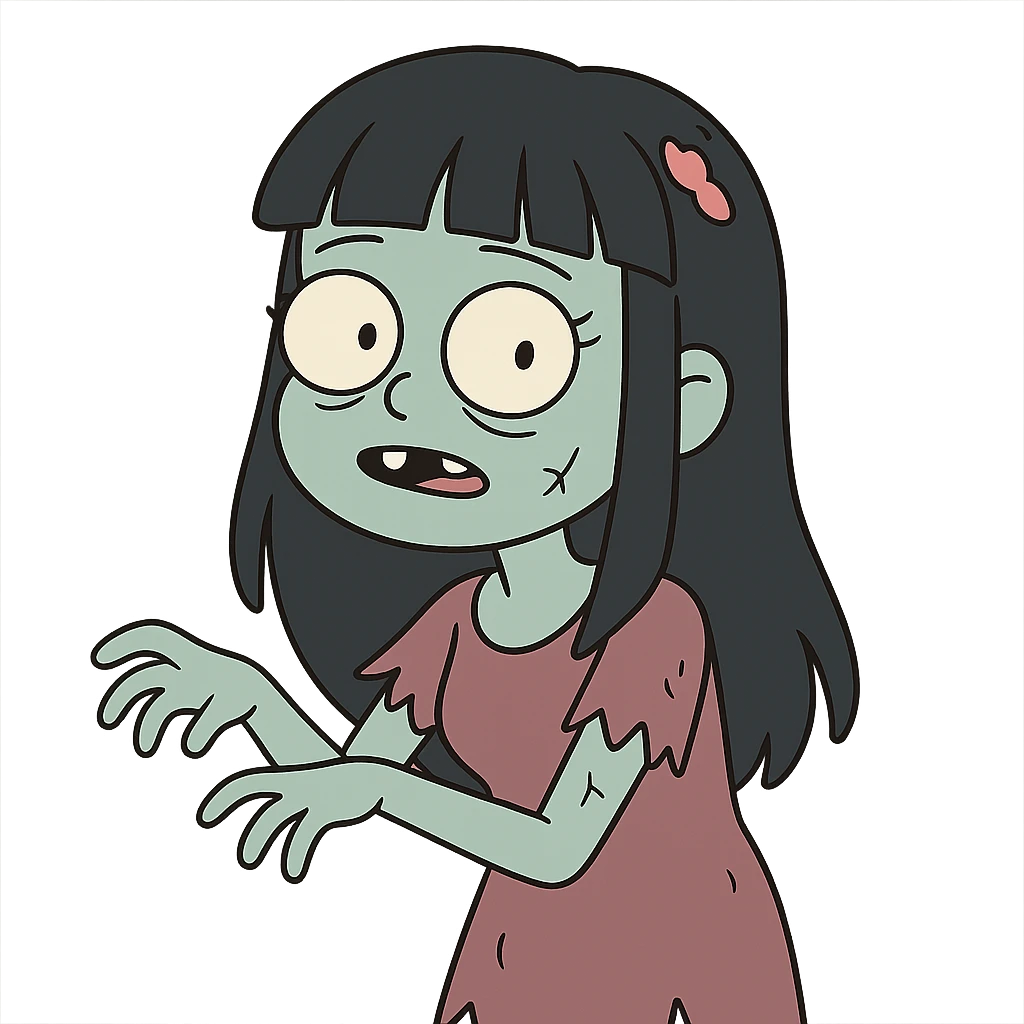 cute cartoon style zombie girl with light skin, long black hair with bangs, adorable and charming emoji