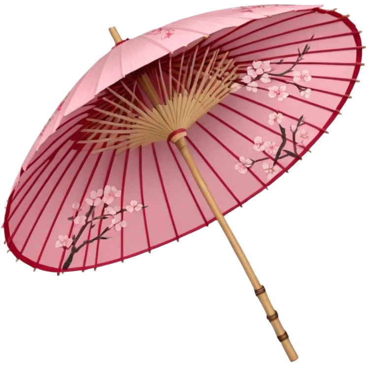 Sakura-themed Japanese wagasa parasol, pink and red washi paper, cherry blossom patterns, delicate floral design, bamboo frame, traditional Japanese style, aesthetic, elegant, no humans, pastel color palette emoji