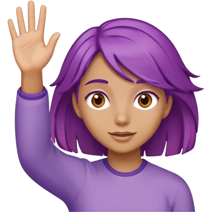 Chica trigeña con el cabello color violeta ojod color cafe saludando emoji