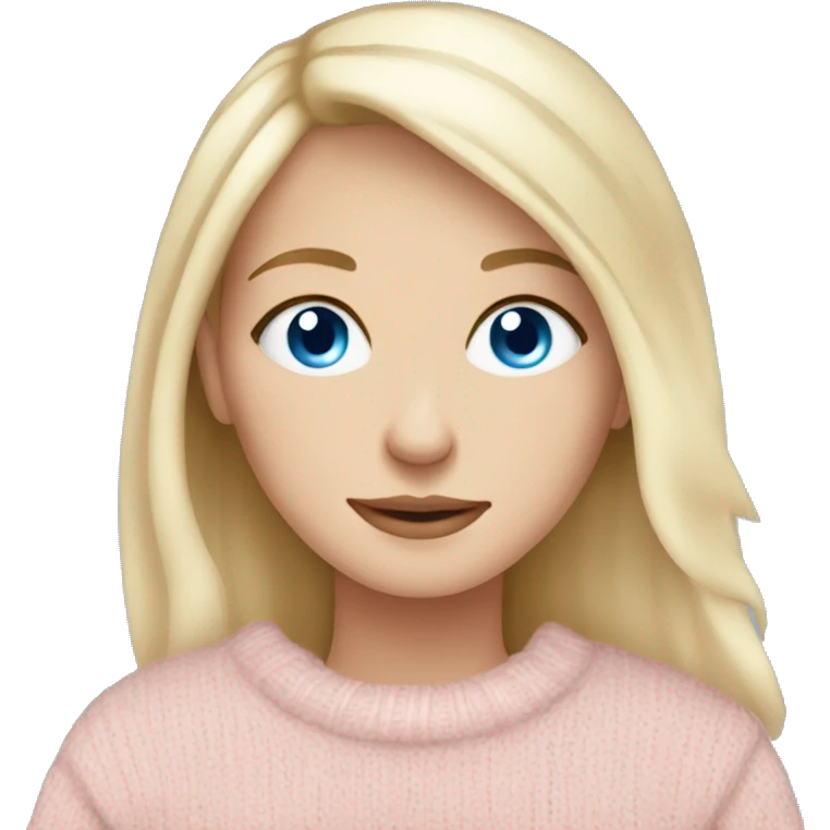 Pretty blue eyed white girl with light pink sweater reading cozy emoji