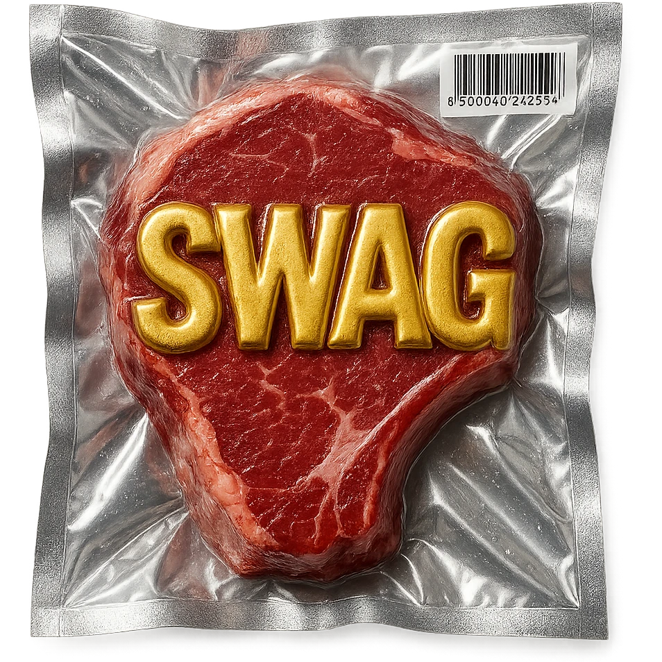 steak with gold lettering 'SWAG' on top, glossy and puffy vacuum-sealed style emoji