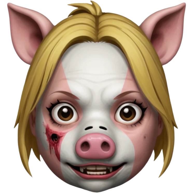 Amanda Young as the Pig from Dead by Daylight, mask lifted to reveal Amanda's face, intense eyes emoji