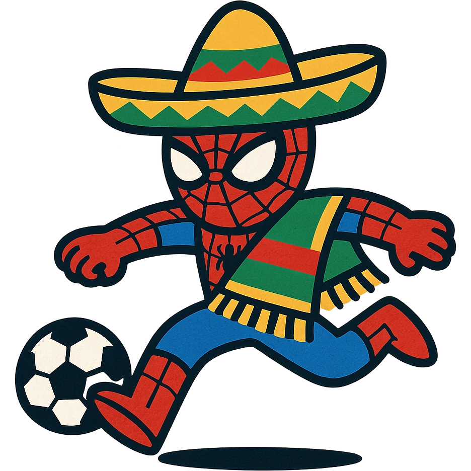 Spider-Man in Mexico kicking a soccer ball, cartoon style, vibrant colors, simple background emoji