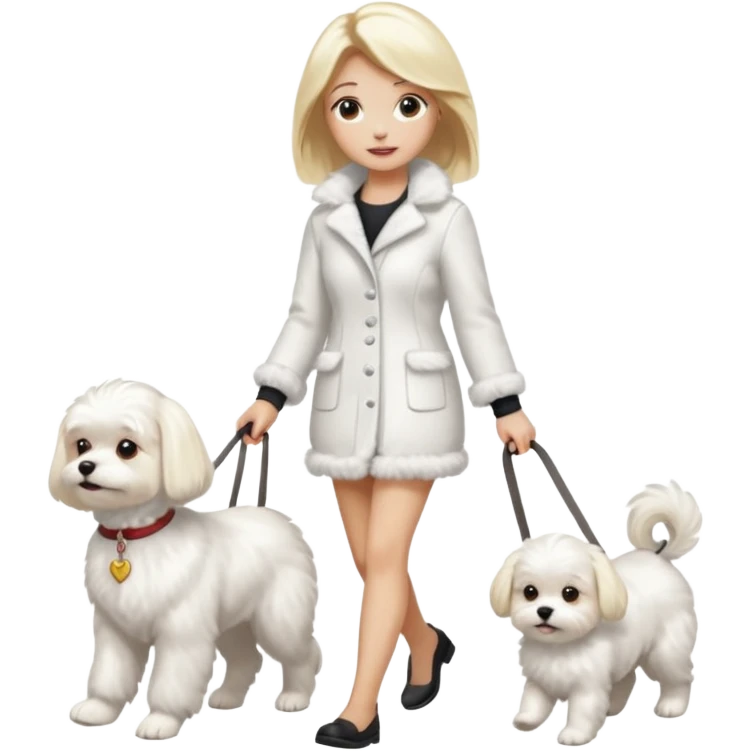 blonde woman wearing white walking only one maltese dog emoji