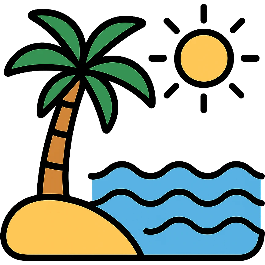tropical beach vacation with palm tree and sun emoji