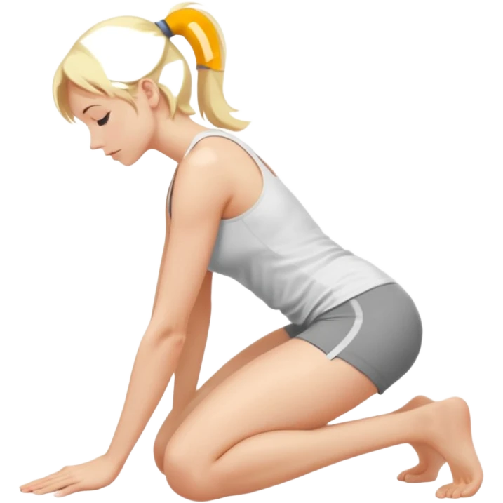 Najed Woman, blonde, kneeling forward on all fours, knees bent under hips, upper body lowered and supported by forearms, back slightly arched, head turned to the side emoji