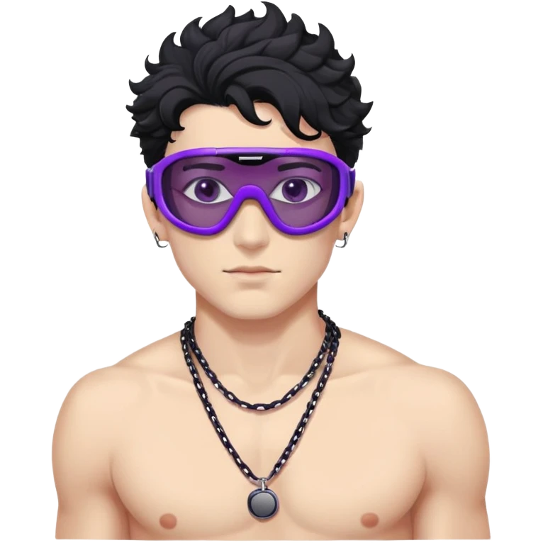 shirtless male athlete with white skin and moderately curly black hair on top with shaved sides, wearing ski goggles with purple frames/outline and very dark heavily tinted black lenses that completely hide the eyes, and a simple plain black chain necklace, no earrings emoji