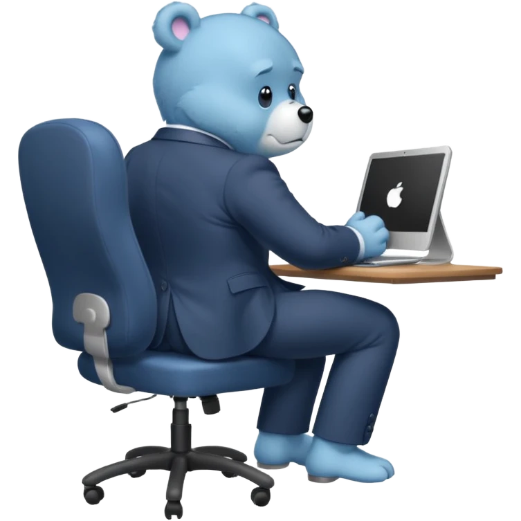 Care bear sad in suit back view, sit on a chair, working on a computer, with a big desk emoji