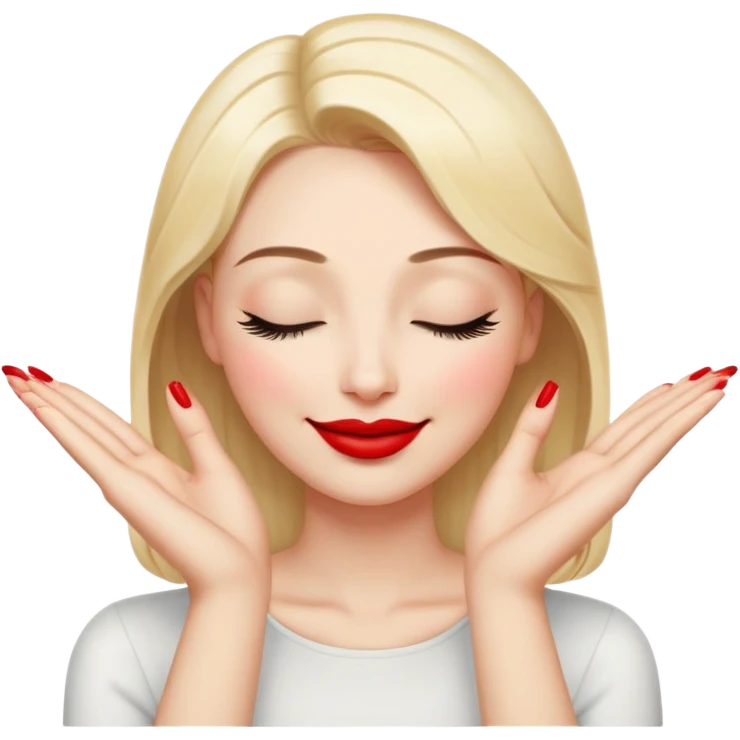 A smiling face with closed eyes forming upward curved lines, visible eyelashes, pursed lips with red lipstick, and a hand showing only the thumb out with all other fingers closed against the palm, painted nails emoji