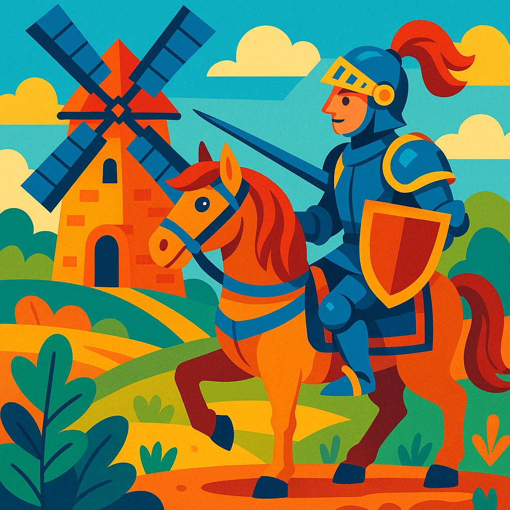 knight on horseback in front of windmill, vibrant toon style, colorful, lively, detailed emoji
