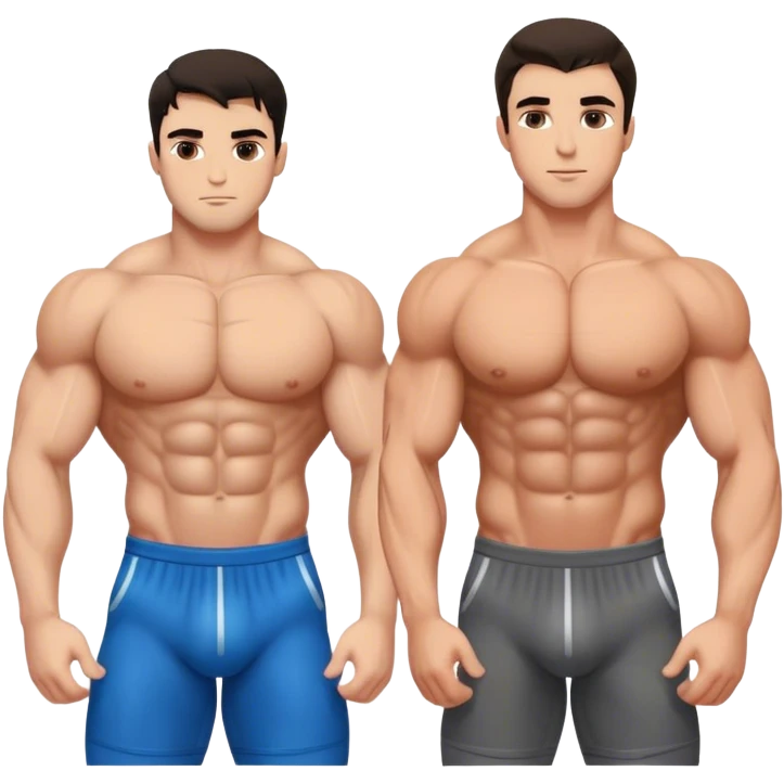 Two best friends, gay, dark hair, torsos, handsome men, Muscular Caucasian gay bodybuilders working out, muscles, realistic emoji