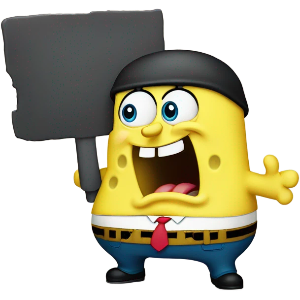 Fat SpongeBob easing his hand up angrily and his mouth open in bikini bottom and is so fat that he can’t fit in the screen emoji