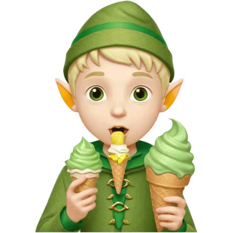 
A young elf boy in leafy clothes licking a triple-scoop ice cream with wide eyes.


A tall elegant elf with long braids enjoying a mint swirl cone under soft light.




 emoji