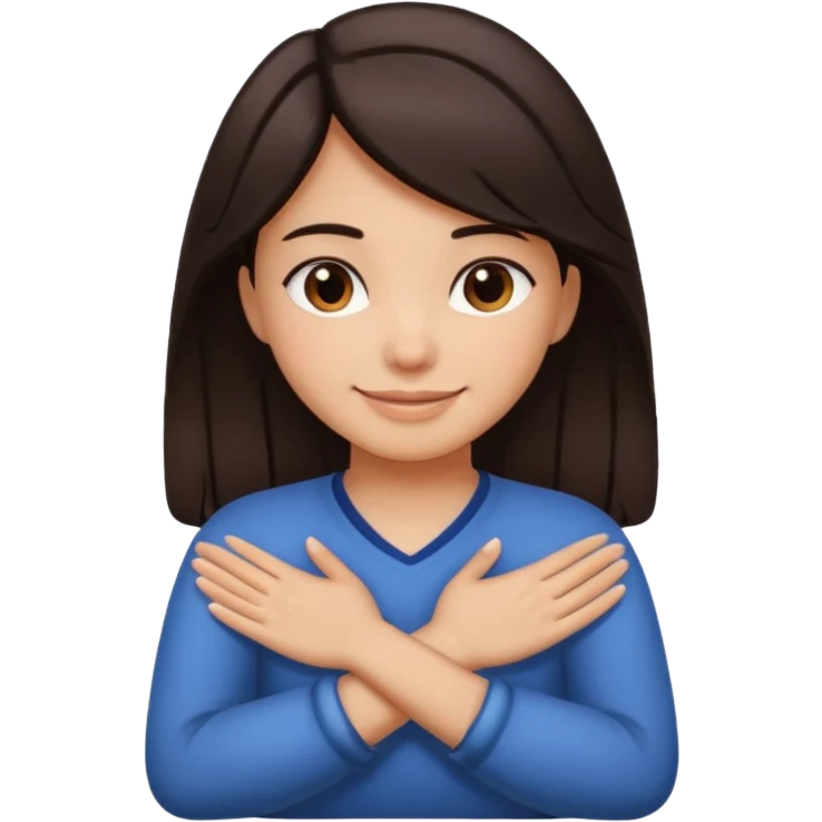 make an emoji of a girl with medium skin and very dark brown hair. her hands are crossed and holding the front of her neck. her face is smiling emoji