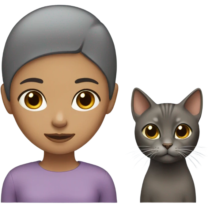 A girl with no hair and brown skin with a grey cat emoji
