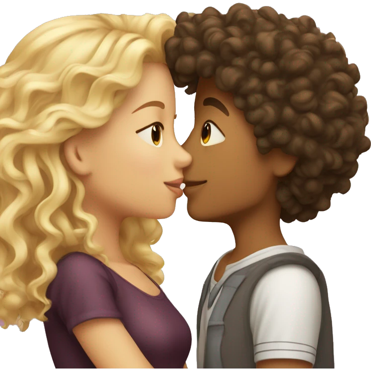 Curly head Hispanic boy kissing wavy hair blonde girl  emoji