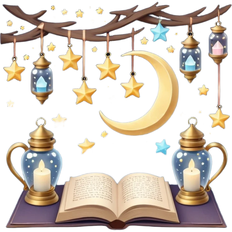  crescent moons, stars with ribbons, tiny clouds, crystal bottles, cozy mugs, mini lanterns, and floating books. Smooth textures, soft magical lighting, realistic shadows, very detailed, high-resolution, dreamy and enchanting aesthetic, super cute and charming." emoji