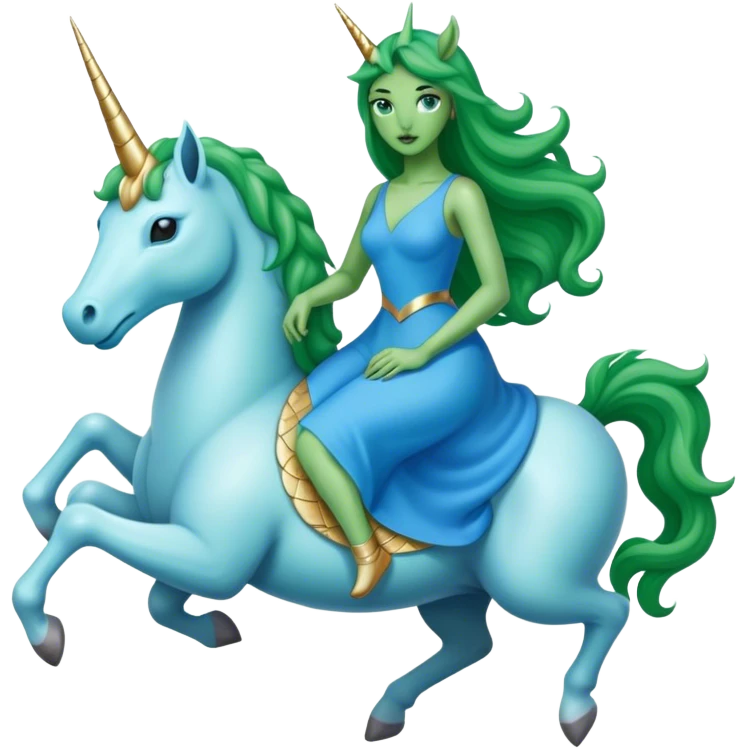 alien reptilian green woman in blue dress, rides white unicorn
 emoji