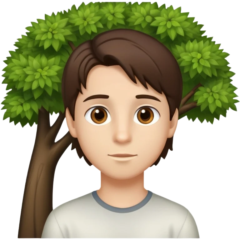 boy with straight brunette hair brown eyes and tree behind emoji