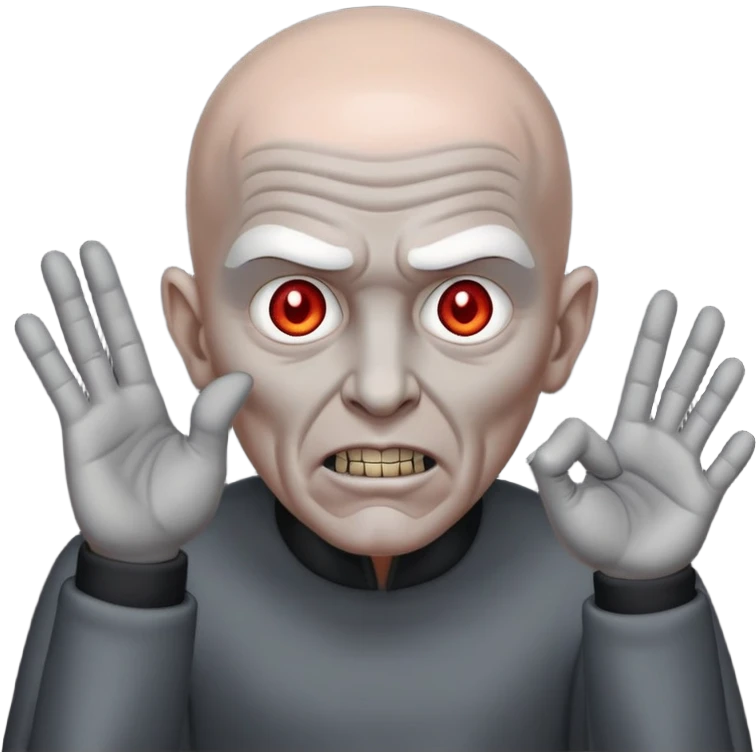 Rick Astley with bald grey head possessed by a demon because there is fingers in front of his face and he has no pupils and his head and body and clothes are grayand the background is pitch black emoji