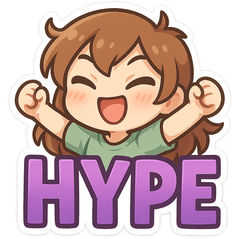 HYPE emote with bold purple letters, cute and energetic emoji