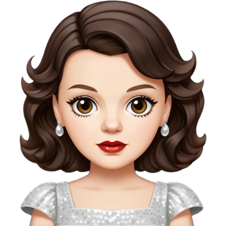 Judy Garland with long dark brown hair, white sequin dress emoji