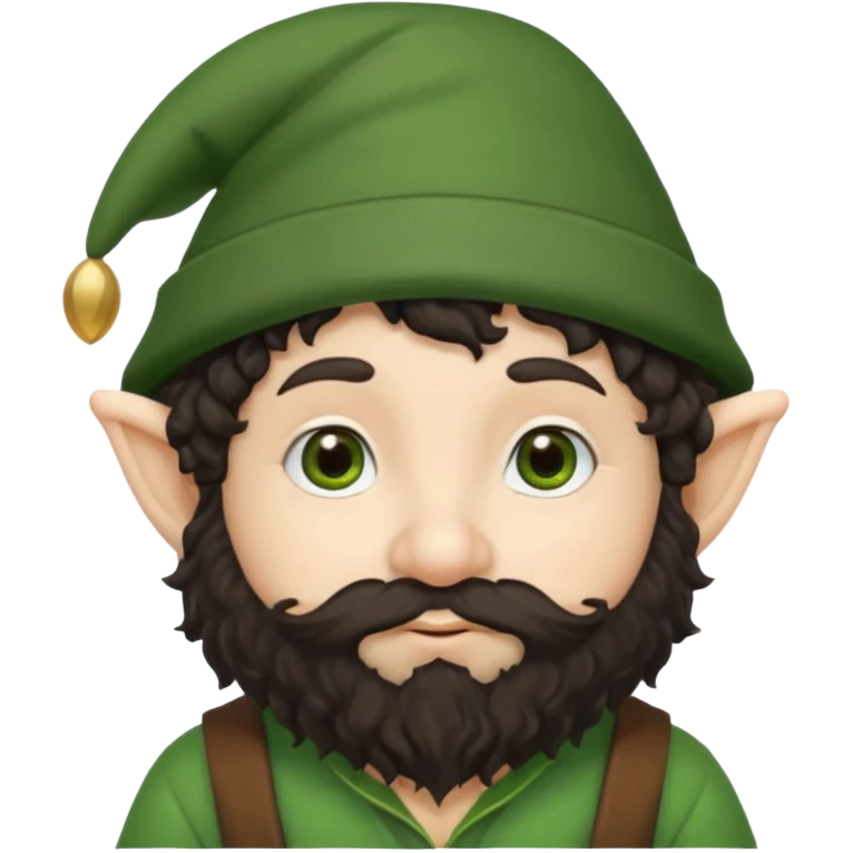 Gnomo con, capelli ricci scuri, occhi marroni, cappello verde emoji