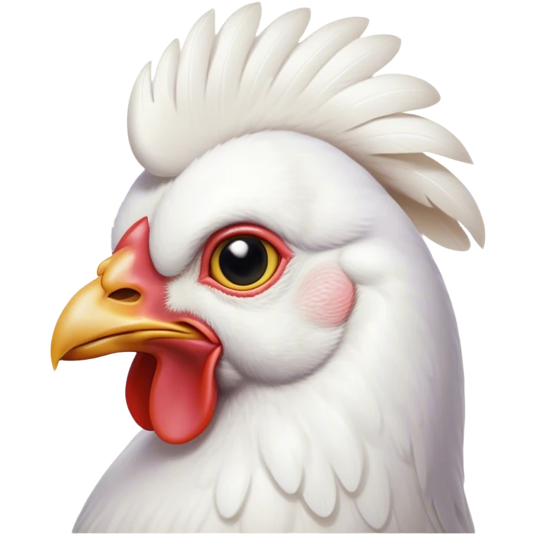 Cinematic Noble White Chicken Portrait Emoji, Poised and regal, with a compact, sturdy build and a pristine, well-groomed pure white plumage, deep-set soulful beady eyes, Simplified yet sharp and sophisticated features, highly detailed, glowing with a soft, dignified glow, high shine, intelligent and alert, stylized with an air of barnyard elegance, focused and attentive, soft glowing outline, capturing the essence of a watchful and confident fowl, so majestic it feels as though it could strut out of the screen with effortless authority! emoji