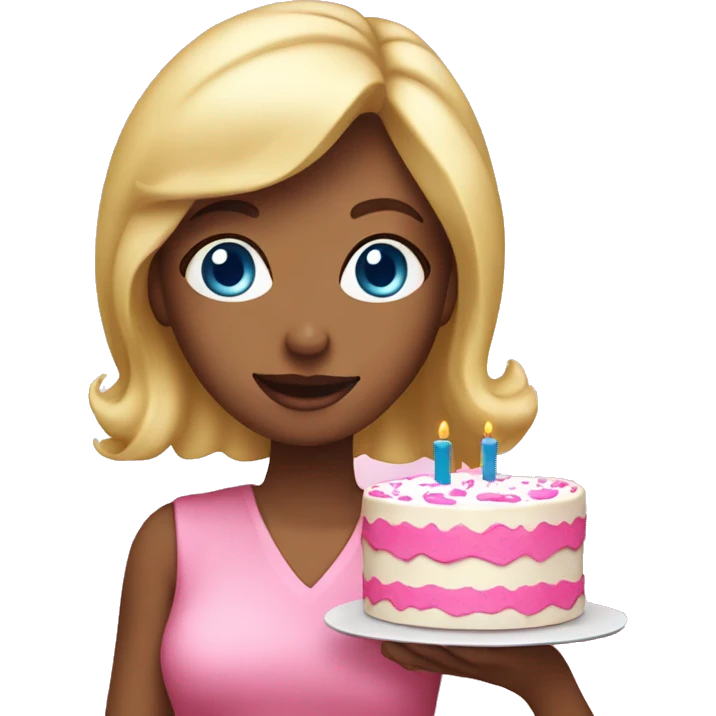 Blonde woman with blue eyes holding a pink birthday cake  emoji