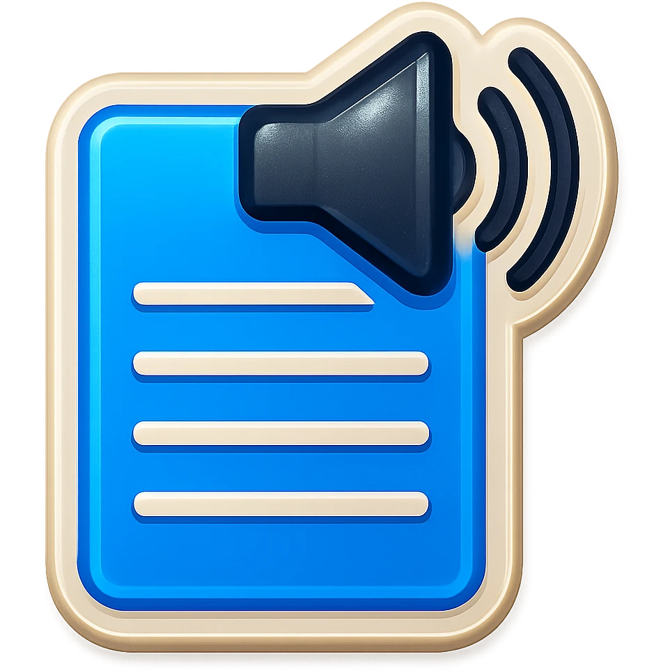 Convert the image into a clean emoji style with a simple and clear design. Keep the blue document with lines and the speaker with sound waves. Remove the background for a clean emoji look. emoji