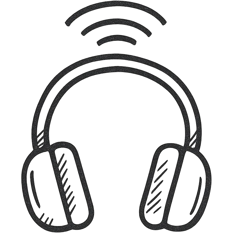 Wireless headphones, black outlined, white fill, hand drawn style emoji