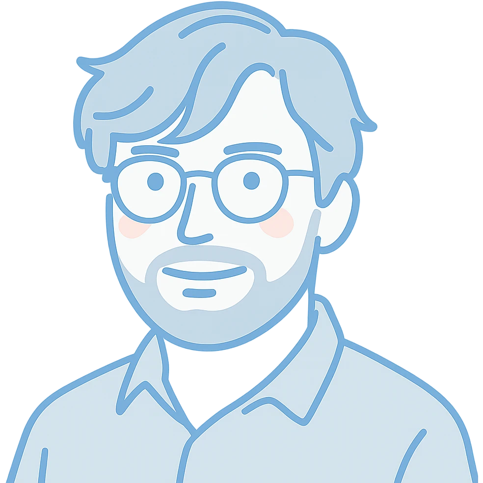A man with round glasses, artfully messy longer hair with stylish sweeping bangs, a round but defined face shape, and a broader nose. Use lighter blue for all the outlines and features, a touch of pink highlights only on the cheeks for a natural flush, and gray exclusively for the short beard and necessary shadows. emoji