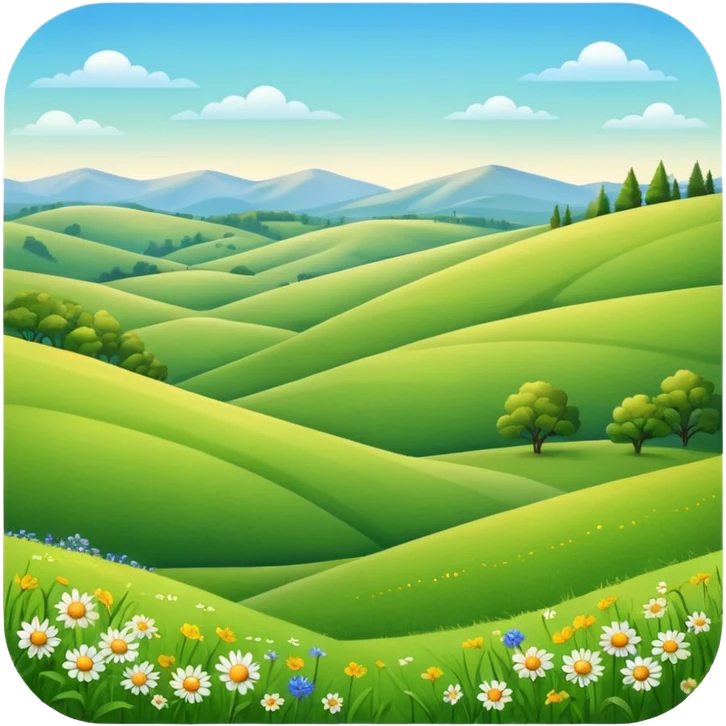 sunlit meadow with rolling hills, no mountains in the background emoji