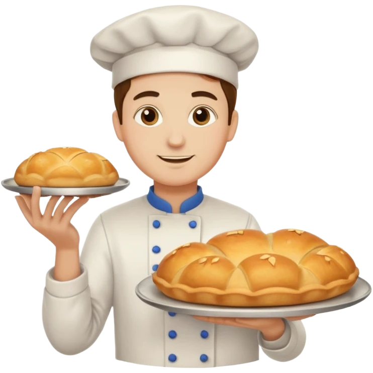 baker holding tray with big bread emoji
