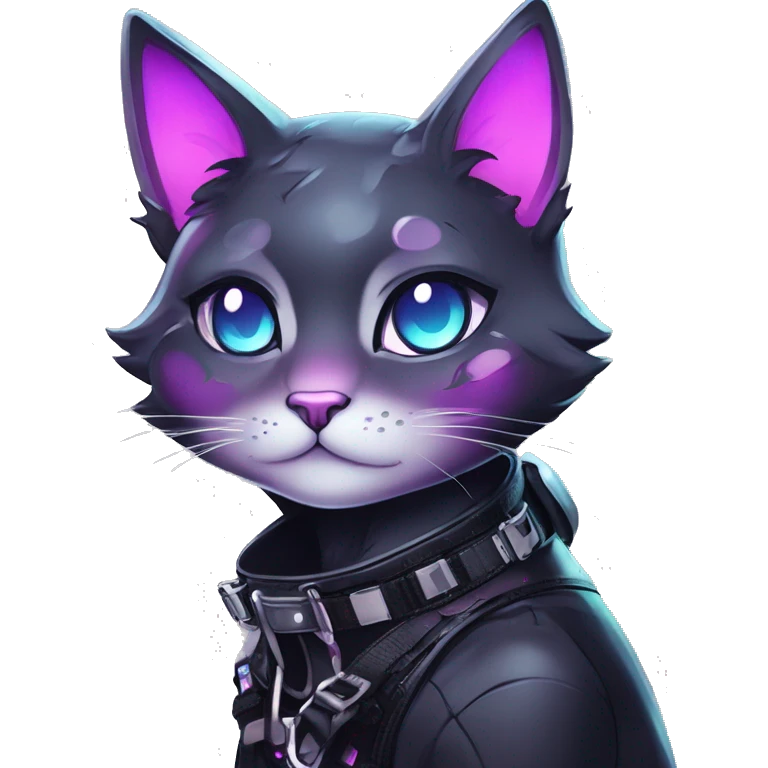 Gorgeous sparkly shiny colorful gradient gothic dark techwear anime style anthro cat with blushing face aesthetic and pretty edgy black with collar and harness trending style emoji